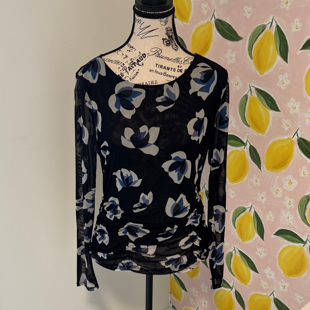 RW&CO. Black Sheer Floral Long-Sleeve Top with Blue and Gray Flowers